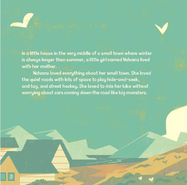 A few houses and fields in the foreground with mountains in the background. There are birds flying in the sky.