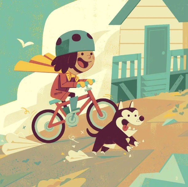 A little girl wears a cape and a helmet while riding her bike. A dog runs beside her.