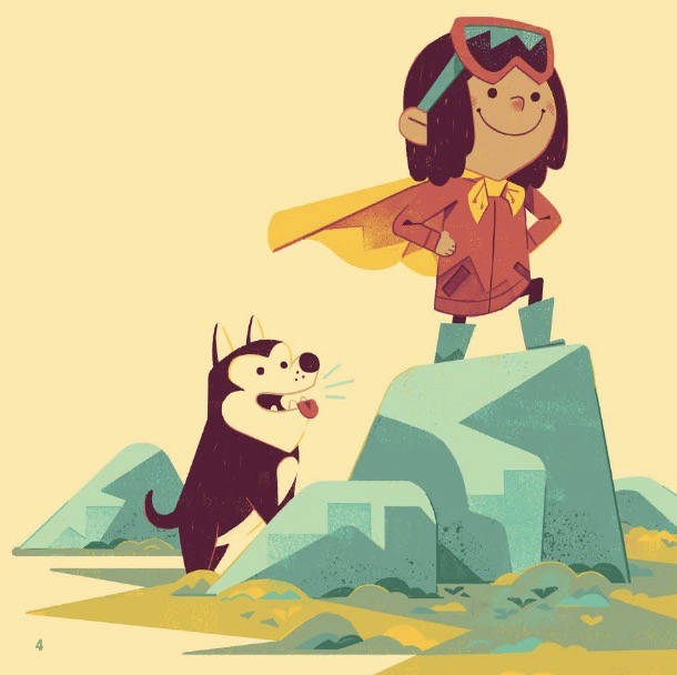 A little girl stands on top of a rock proudly with her dog at her side.