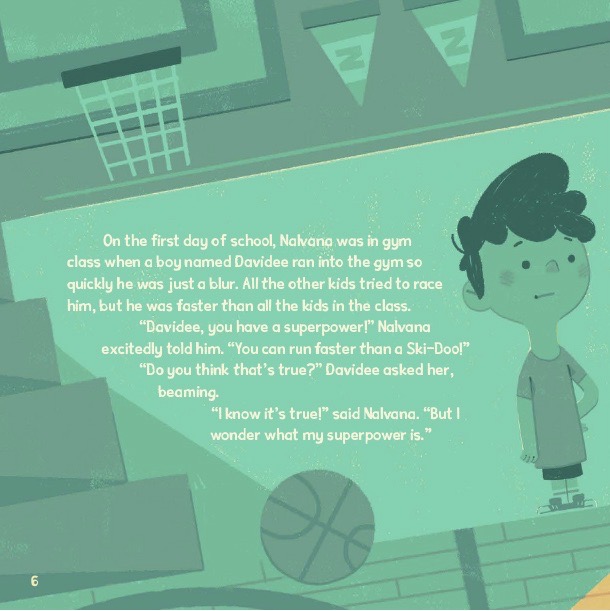 A child stands against the wall in a gym. There is a basketball on the floor.