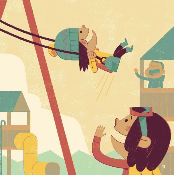 A little girl swings high on the swingset while another little girl cheers her on.