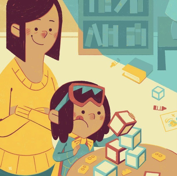 A little girl plays with building blocks while an adult looks on.