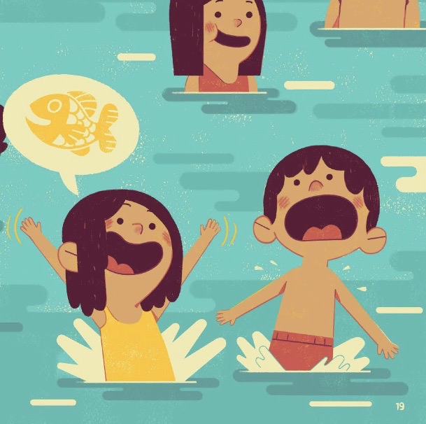 Some children holding their breath in a swimming pool and imagining they are fish.
