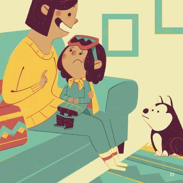 A little girl sits on the lap of an adult and frowns.