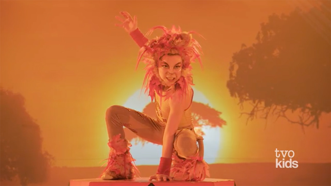 A child, dressed a lion, poses in front of a setting sun.