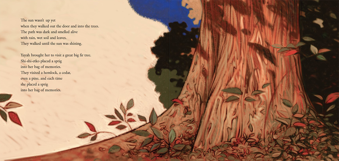 Shi-shi-etko Page 21 & 22 Page 21 and 22 from the book Shi-shi-etko; the bottom of the trunk of a big fir tree surrounded by other plants and leaves.