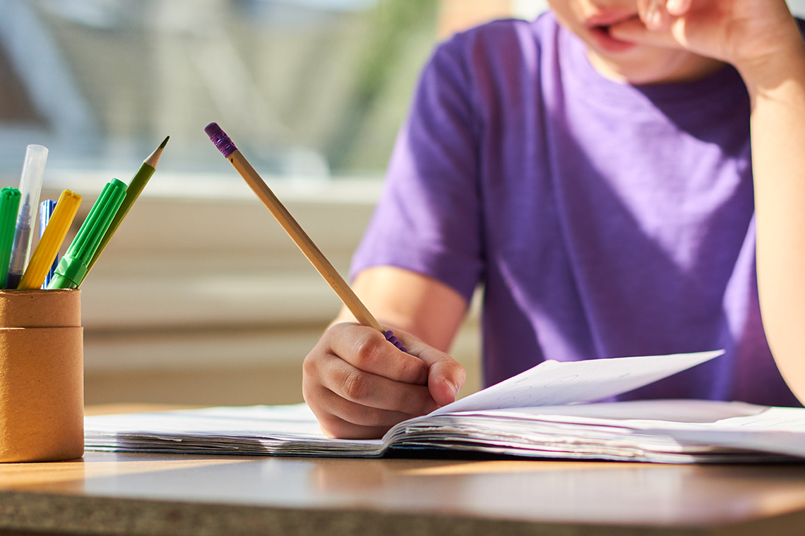 News Report A student sits at a desk indoors in a sunny room, writing thoughtfully in a notebook with a pencil, a cup of pencils sits in front of them.