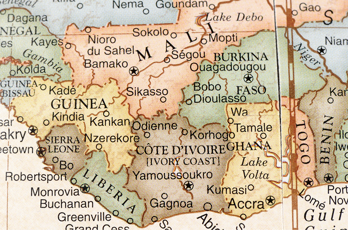 An historical, illustrated map of West Africa.