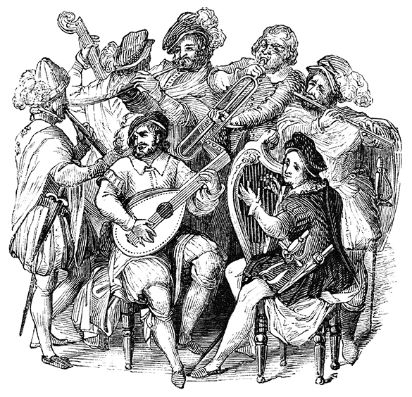 16th century musicians playing string and wind instruments.