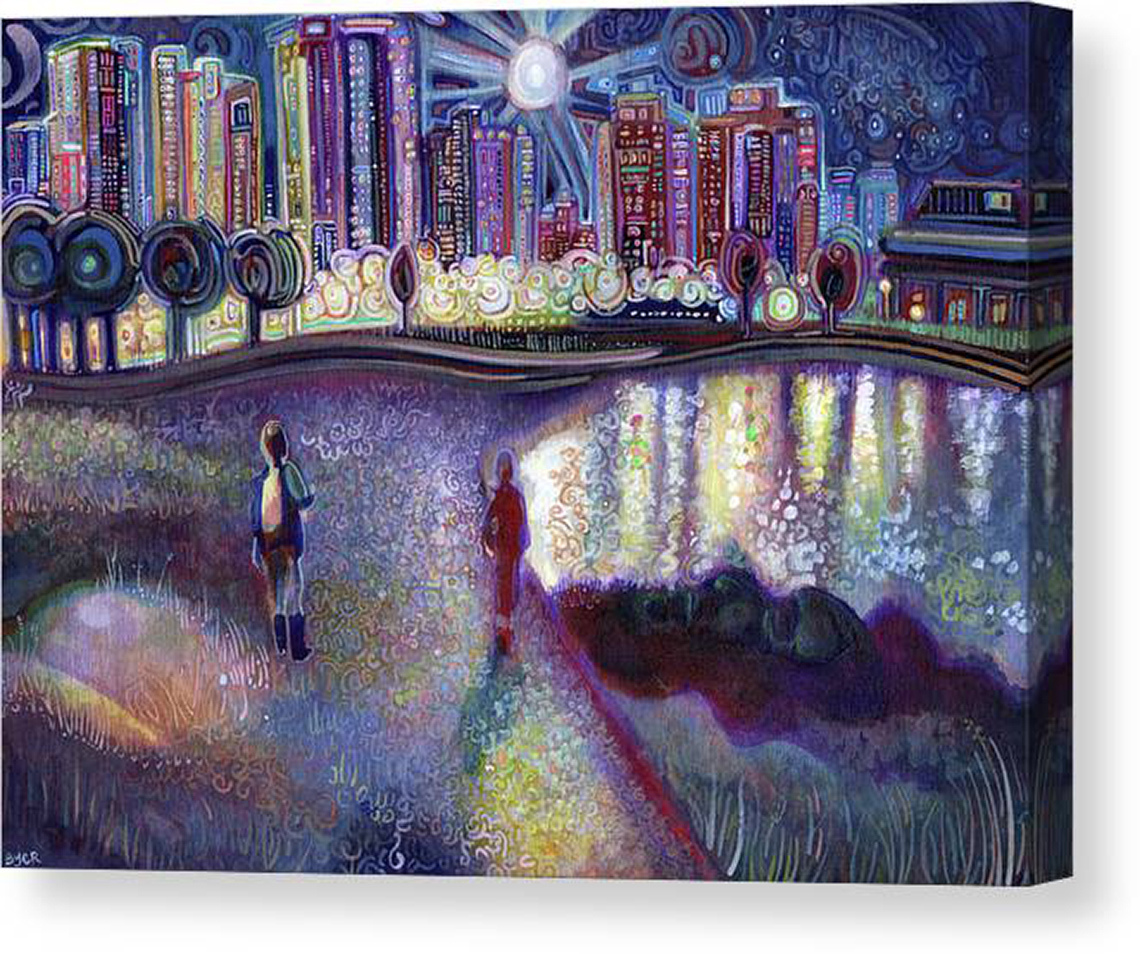A painting of people walking along a river at night. There are skyscrapers in the background.