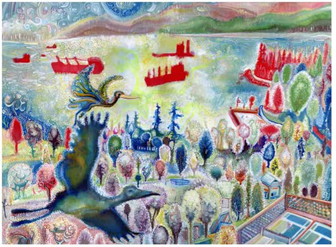 A painting of buildings and a lake in the background. There are ships on the lake and birds flying.