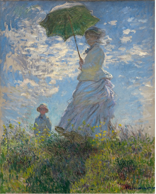 A painting of a woman and a boy in a field. It is sunny and the woman is holding an umbrella.
