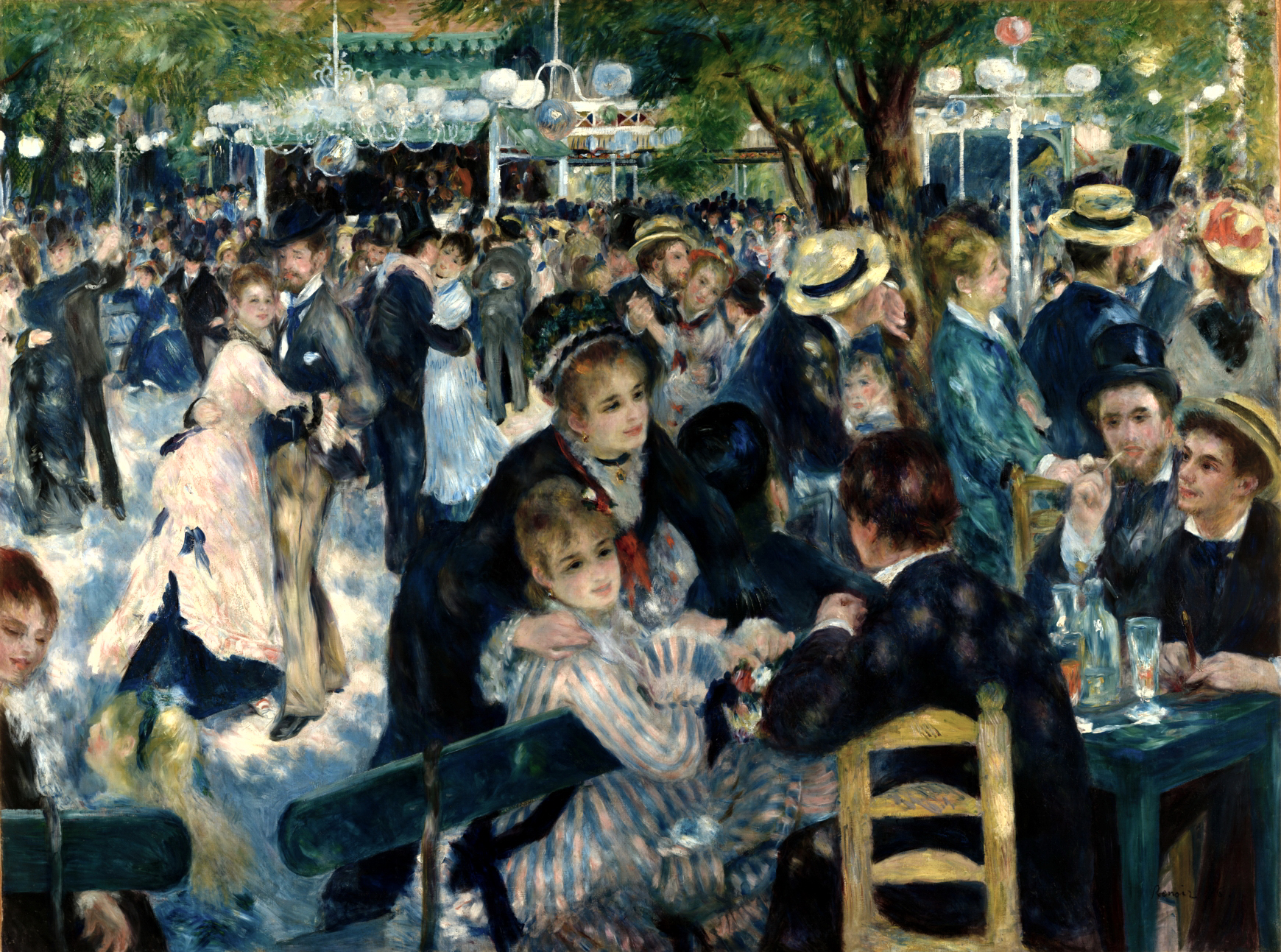 A painting of a large group of people dancing and socializing. The people are dressed in clothes from the late 1800s.