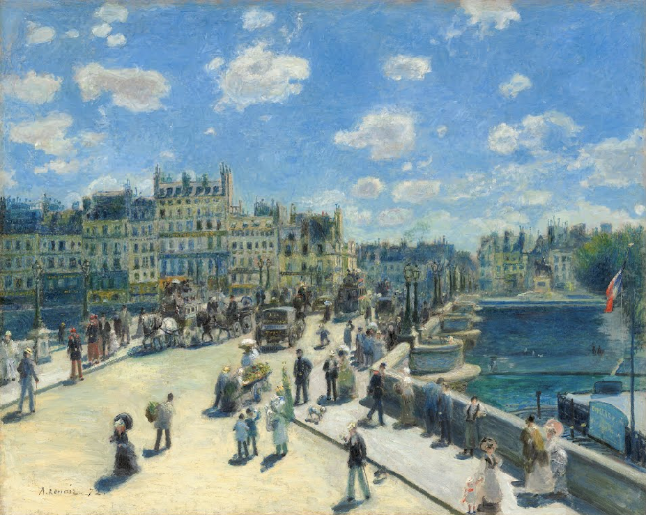 A painting of a bridge in Paris, France. There are buildings in the background and people on the bridge.
Updated alt: A painting of a bridge in Paris, France with lots of people and buildings.

