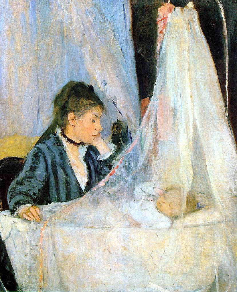 A painting of a woman observing a sleeping baby. The baby is in a cradle.