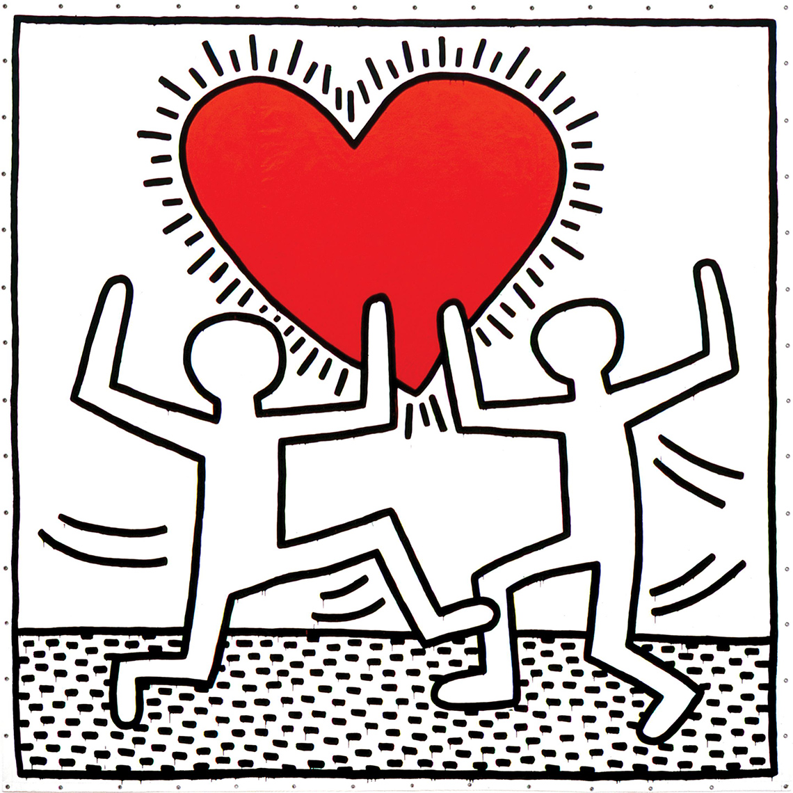 Artwork of 2 stick figures dancing. Their arms are raised and there is a big heart
between them.