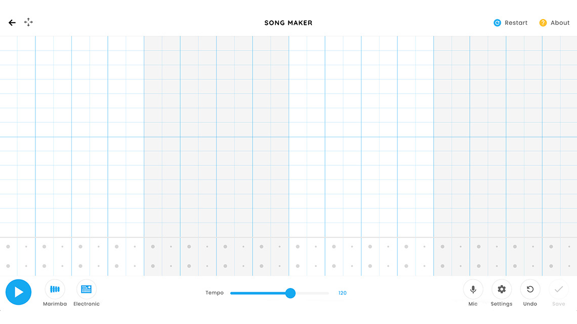 A screenshot of the Settings option in Song Maker. Students can adjust tempo and access options such as marimba and electronic.