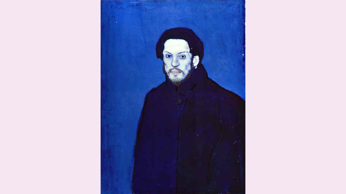 A painting of Picasso standing against a blue background with a serious expression directed at the viewer