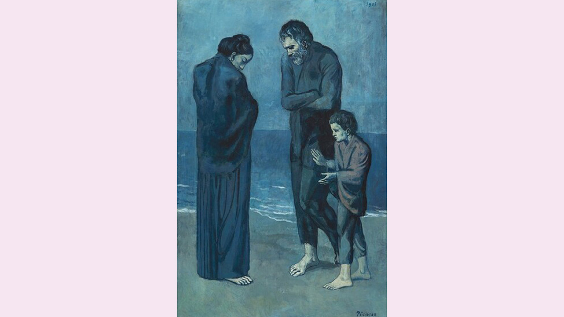 A painting that uses mostly blue colours of two adults with crossed arms and a child. They're standing looking down with serious expressions