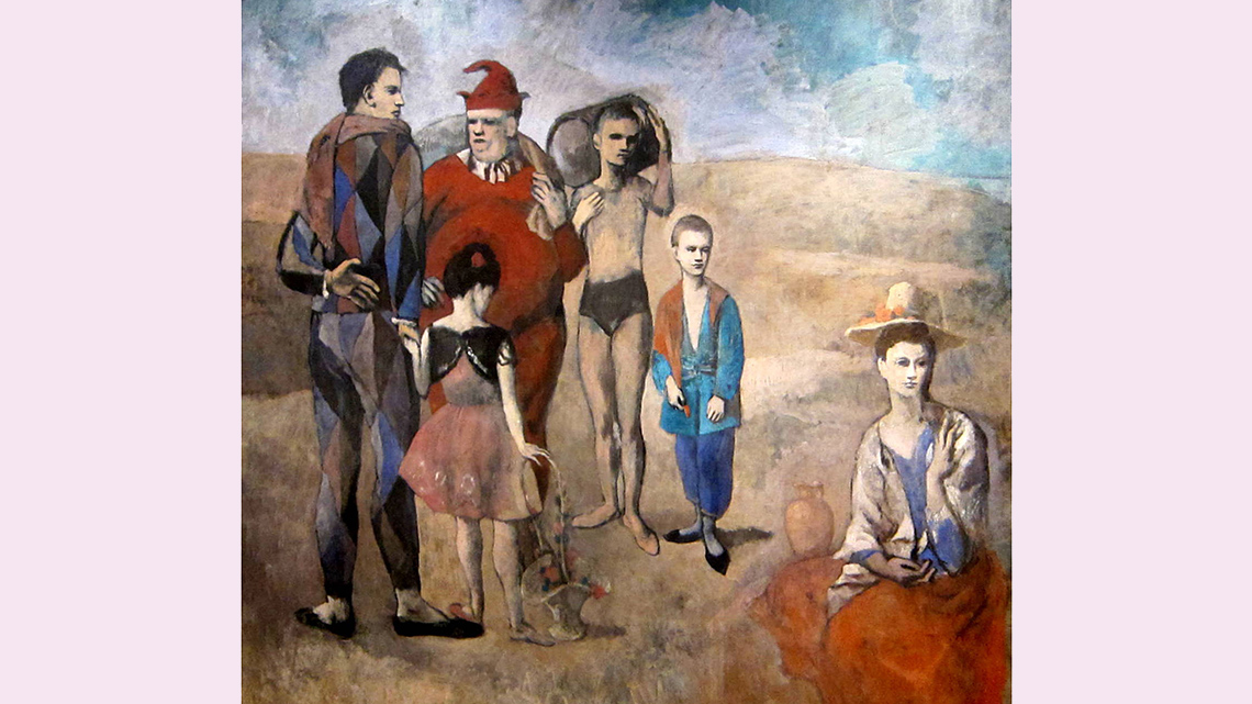 A painting that uses warm colours of clowns and performers standing up straight or sitting tall