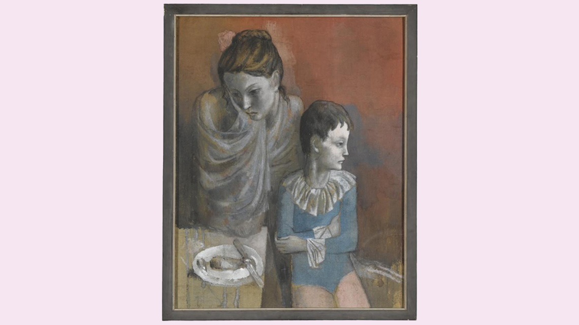A painting of a mother and child in circus clothes sitting cross-armed at a table against a red background