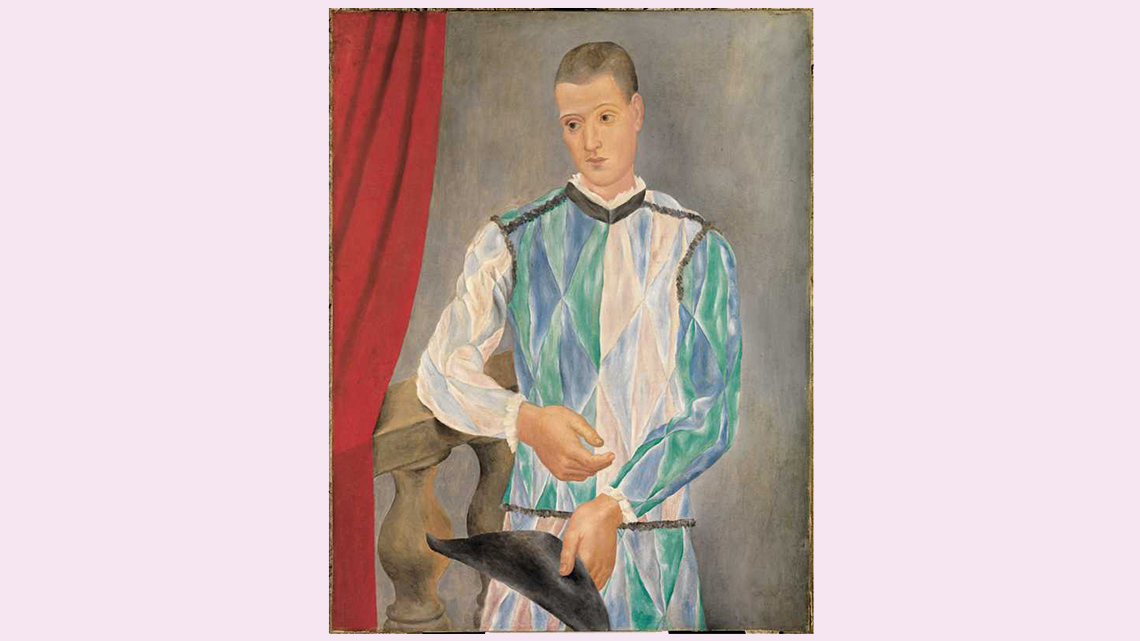A painting of a clown standing up and leaning against a ledge next to a red curtain