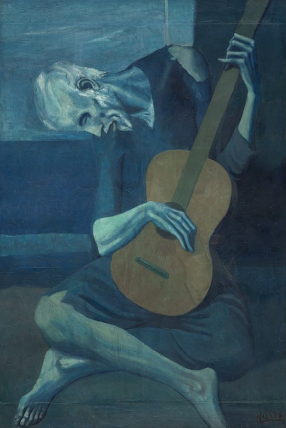 A painting that uses mostly blue colours of a guitar player sitting cross-legged looking down with a serious expression