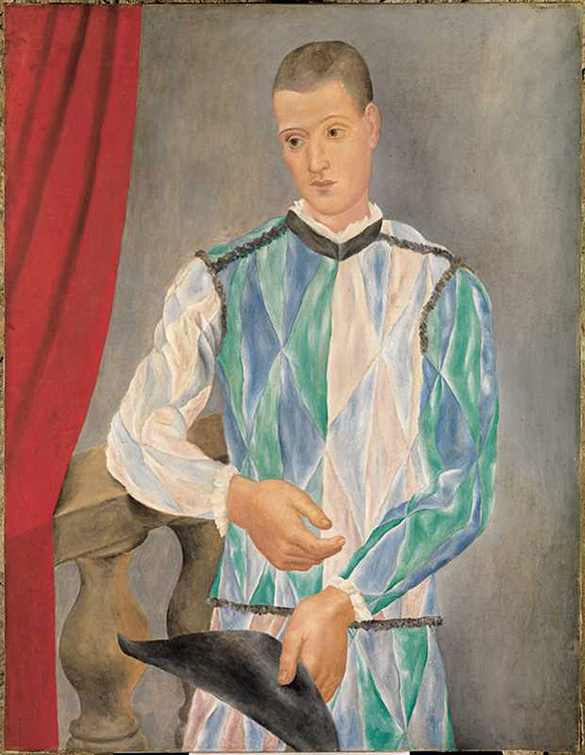 A painting of a clown standing up and leaning against a ledge next to a red curtain