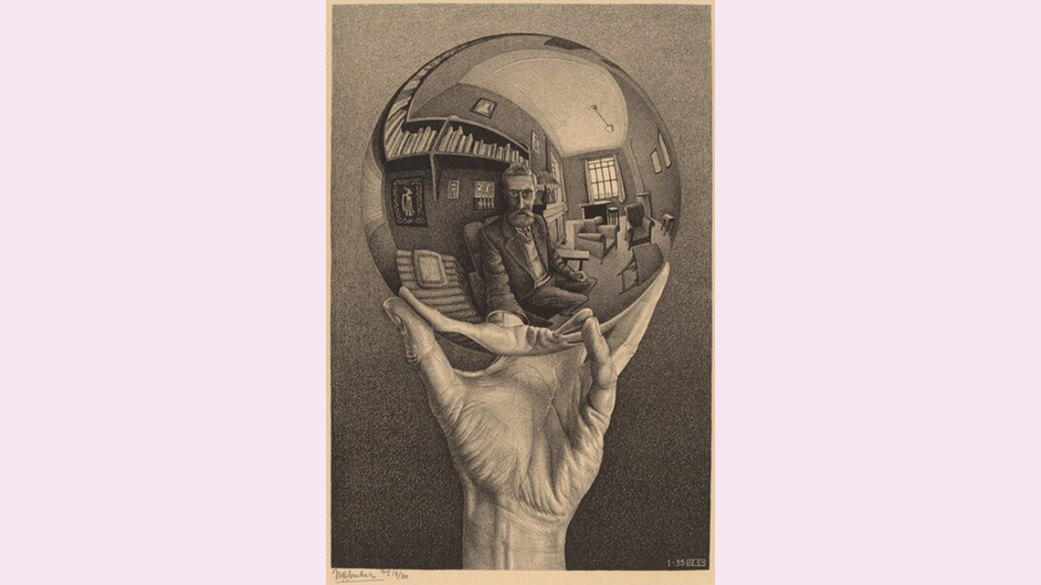 A drawing of a realistic hand holding up a ball that reflects a person in a room.