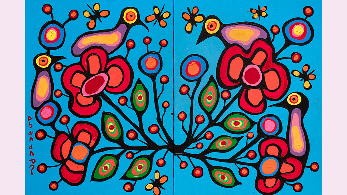 A vibrant painting of organic shapes of birds, flowers and leaves. The objects are symmetrical