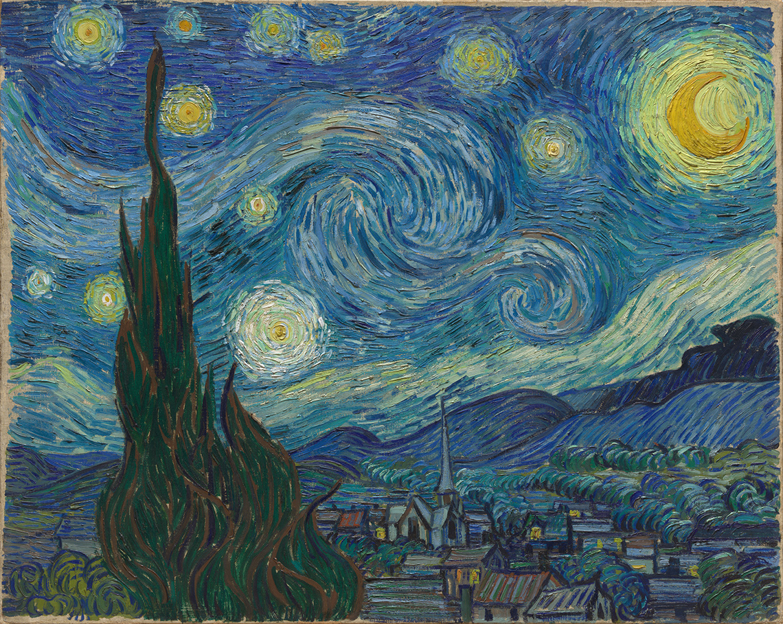 A painting of a night sky full of stars over a town. The lines are wavy and curly.