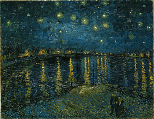 A starry night sky over a river. The lines are wavy and soft.