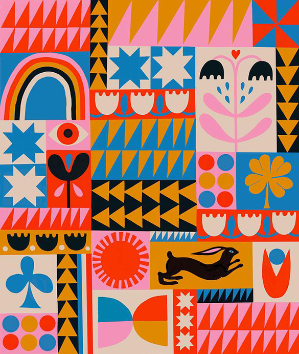 A vibrant abstract pattern with triangles, flowers and a rabbit. The lines are clear.