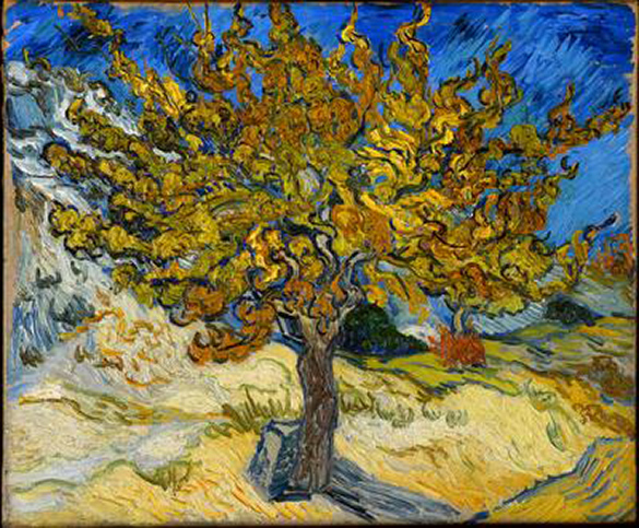 A painting of a mulberry tree created with thick swirls of paint.