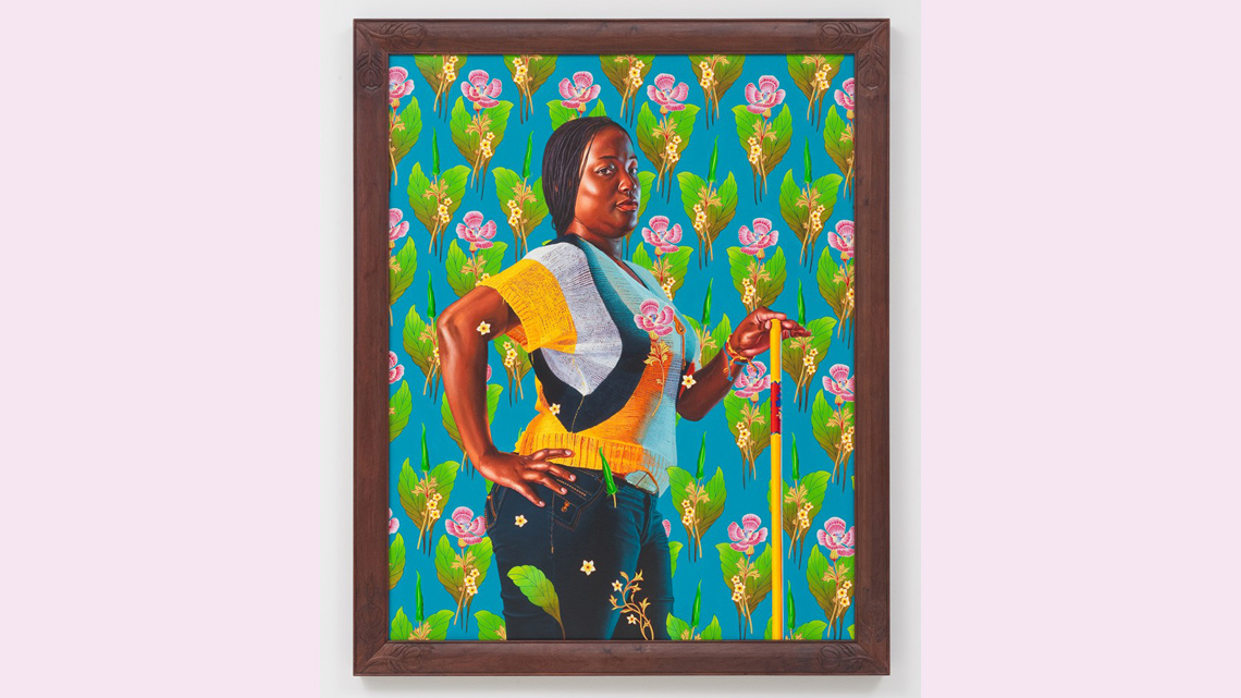 A realistic painting of a woman standing with a hand on her hip looking confidently at the viewer against a vibrant pattern of plants