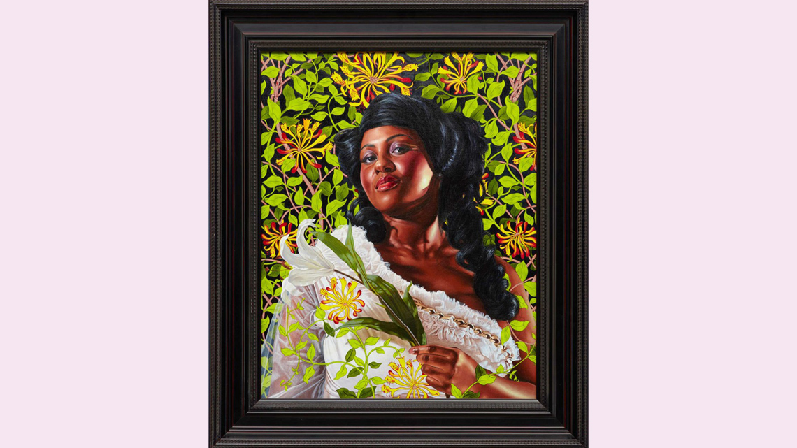 A realistic painting of a woman holding a flower and looking confidently at the viewer against a vibrant pattern of plants