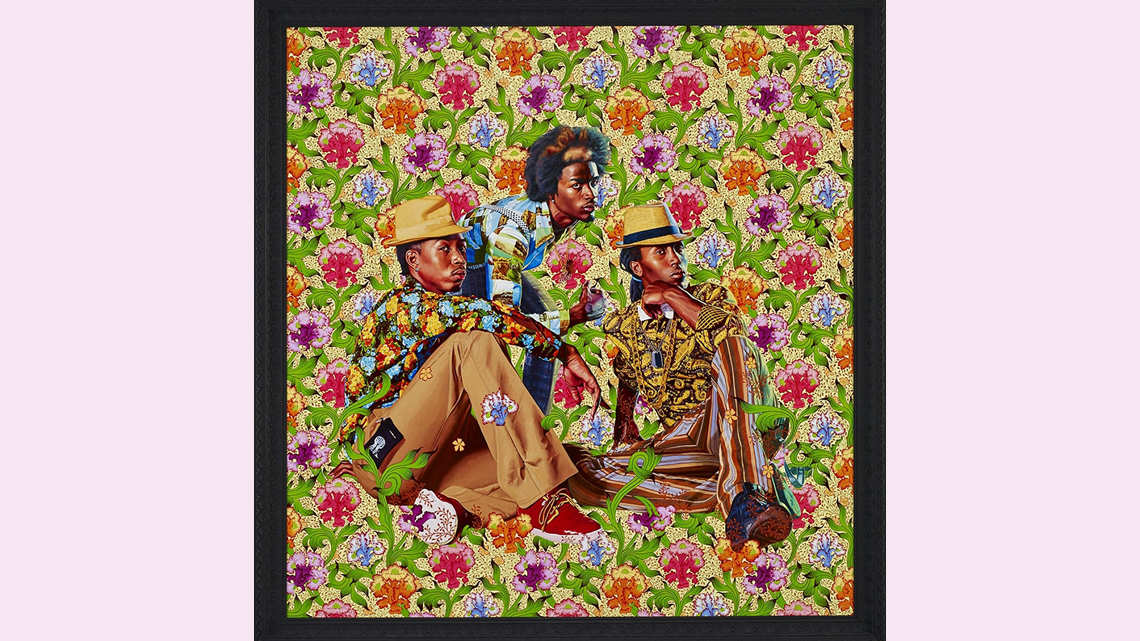 A realistic painting of 3 men sitting and crouching on the ground looking confidently at the viewer against a vibrant pattern of plants