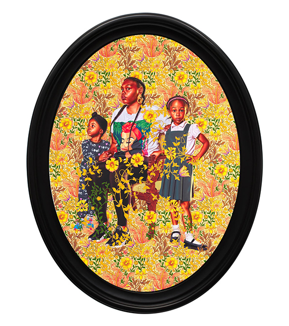 A realistic painting of a mother and her two daughters looking confidently at the viewer against a vibrant pattern of plants