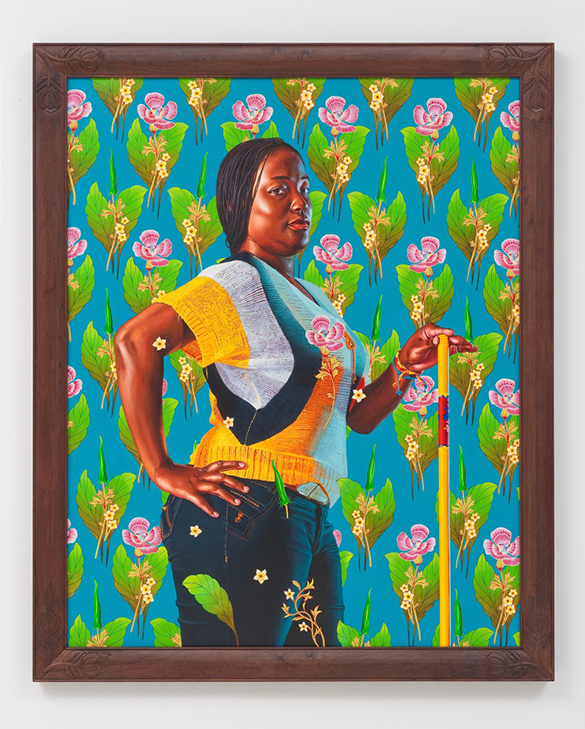 A realistic painting of a woman standing with a hand on her hip looking confidently at the viewer against a vibrant pattern of plants