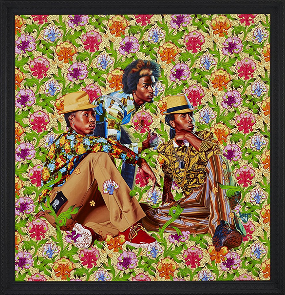 A realistic painting of 3 men sitting and crouching on the ground looking confidently at the viewer against a vibrant pattern of plants