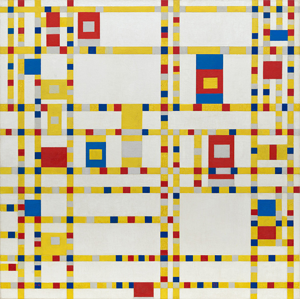 A painting of parallel and perpendicular lines creating rectangles on a white background. Some rectangles are bold primary colours.