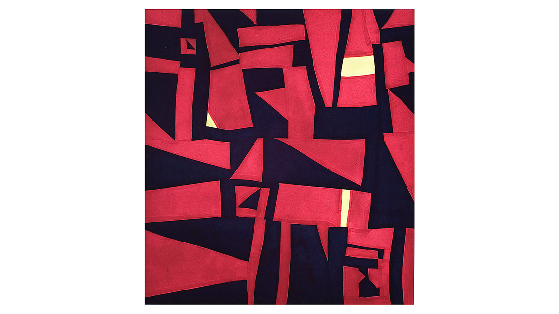 An image of triangles and rectangles in a disorganized pattern. A piece made with ink and etching.