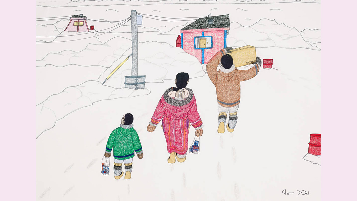 A coloured pencil drawing displays three family members walking home in the snow with supplies. 