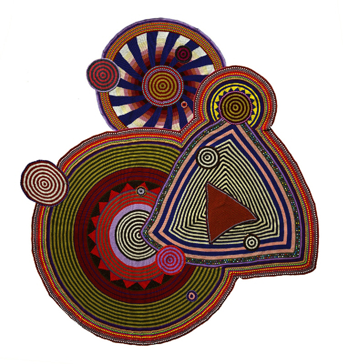 An image of big geometric circles and a triangle made with crocheted yarn and plastic beads.