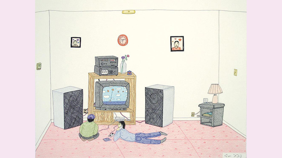 Colour pencil drawing of two children playing video games in their living room.