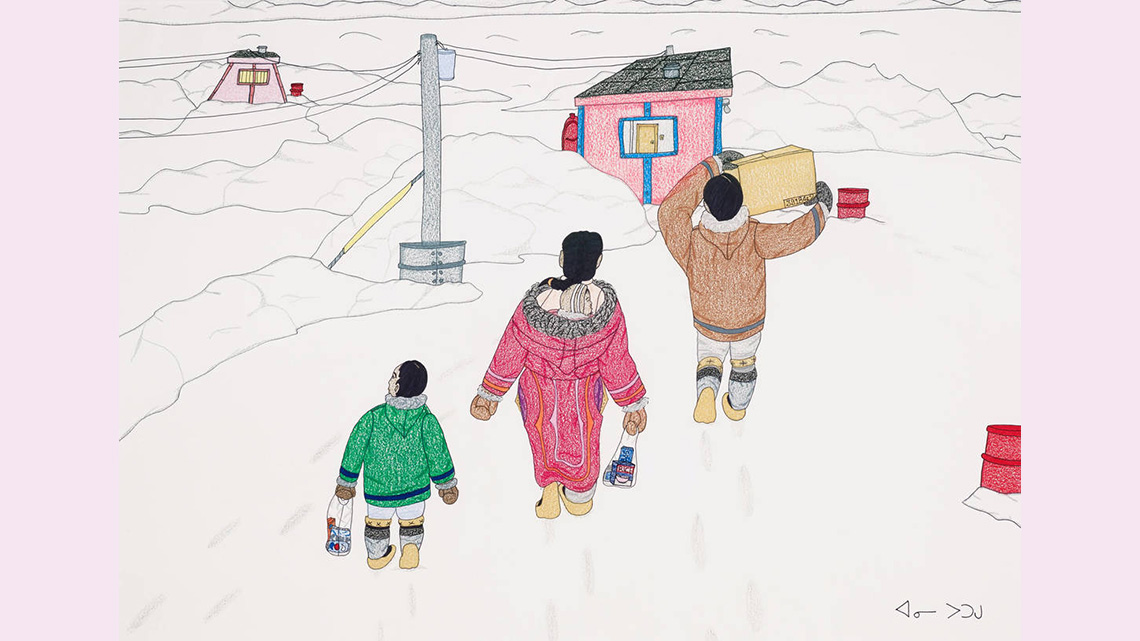 Colour pencil drawing of a family of 3 walking home in winter. 1 adult carries a box. 1 adult and
			a kid carries bags.