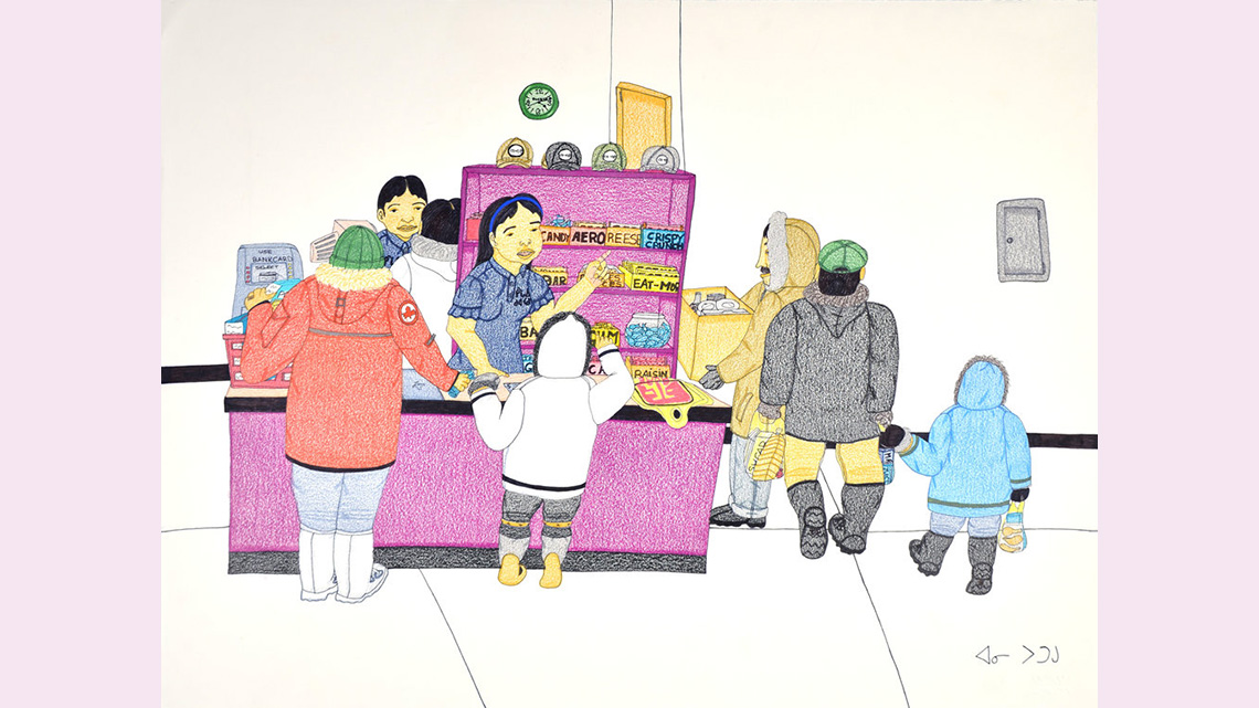 Colour pencil drawing of a store checkout. A kid and adult face a
			cashier, shoppers are in line.