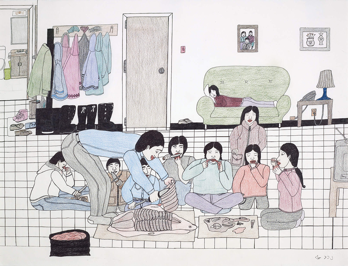 Eating Seal at Home Colour pencil drawing of a family in their living room sitting cross-legged on the floor carving and eating fresh meat from a seal