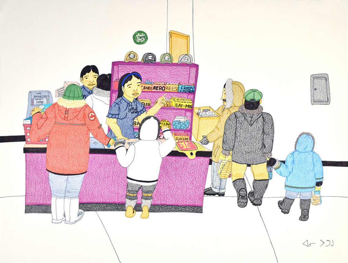 Colour pencil drawing of a store checkout. A kid and adult face a cashier, shoppers are in line.