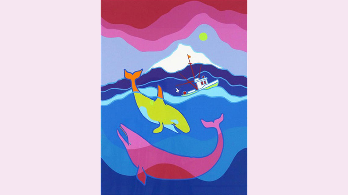 A cool coloured ocean landscape with a snowy mountain. There are 2 whales in more warmer colours.